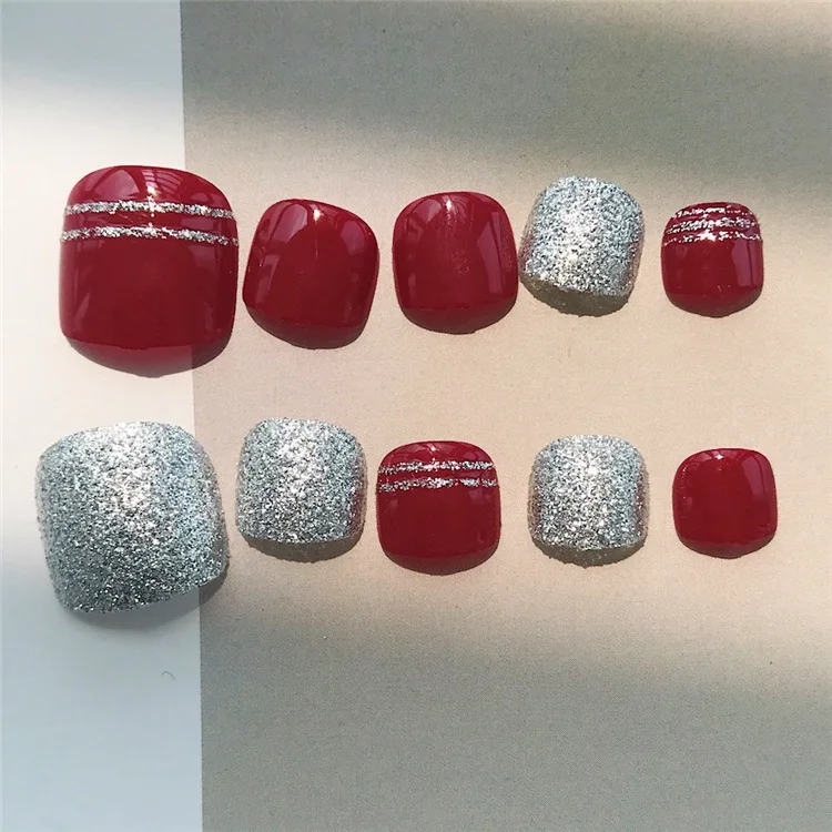 

Shiny Silver Glitter French Toenails Press on Sticker Artificial Acrylic Red False Toe Nails Tips Foot decoration Manicure Tool