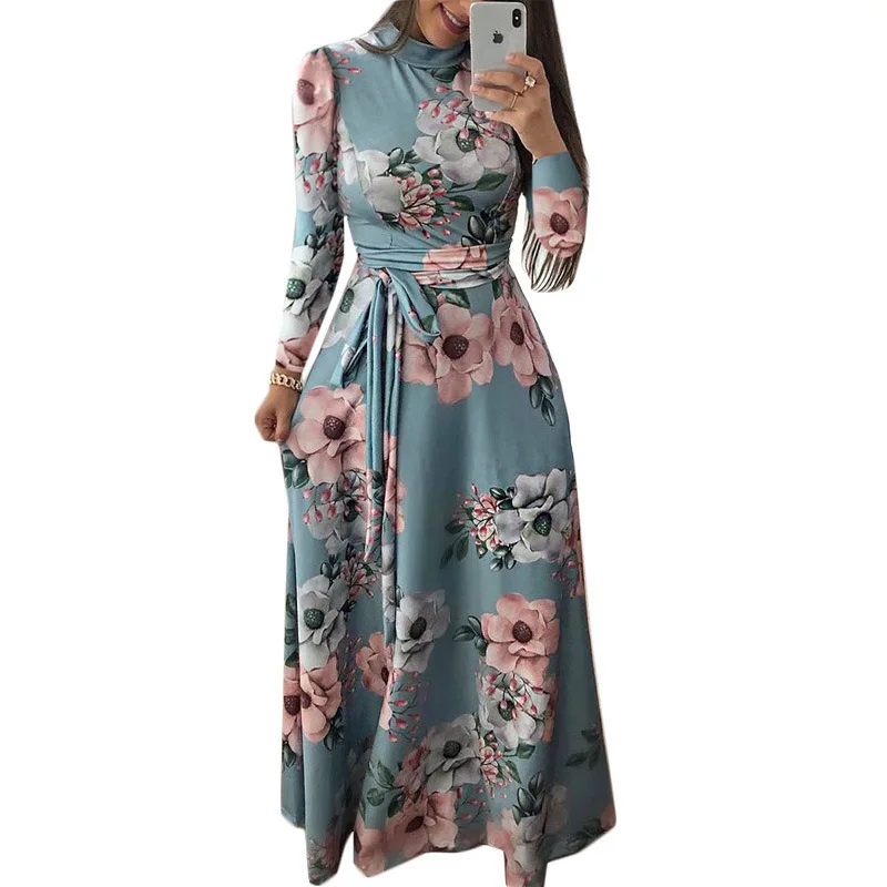 

2021 women's long-sleeved and short-sleeved dress flower print long dress with high collar bandage elegant casual dress