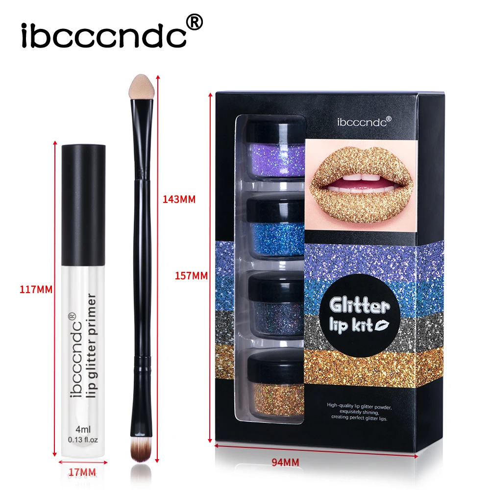 

ibcccndc cool red 2 colors glitter lip gloss kit 1pc 4ml lip glitter primer 1pc dual head lip brush 4pc 10g glitter powder set