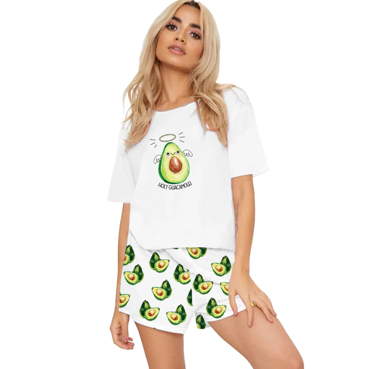 

Fashion Printing Two Pieces Set Sleep Wear Women Summer Pajamas Adult 2 Set PJS Cute Avocado Pajama Shorts, Customized color/as show