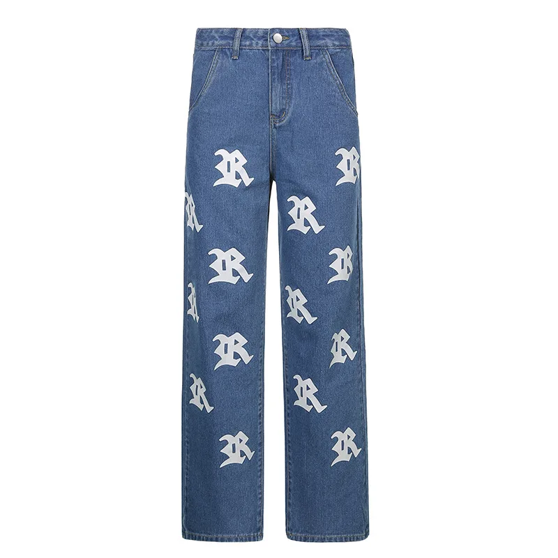 

Jinyu New straight print contrast waistless high waist jeans trend loose slim Harlan pants