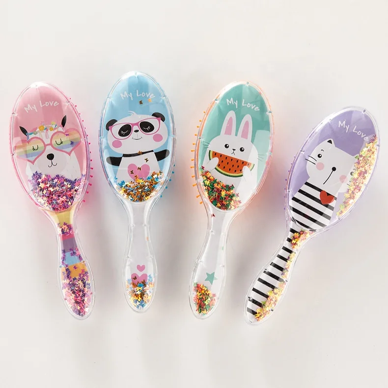 

Top quality stock Cheap Long Handle Cushion Hairbrush Glitter Transparent Paddle Hair Brush Personalised Oval Airbag Hair Brush, Customized color