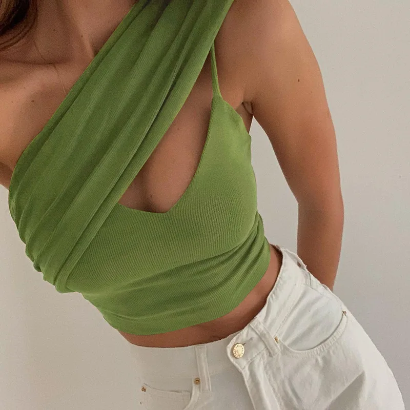 

Y2K One Shoulder Bandage Sexy Tops Rib Knitted Women V Neck Sleeveless Green Cropped Tank Top 2021, Blue white blace purple