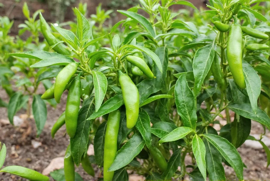 Home garden showing green chili pepper plants growing in raised beds with healthy green foliage and developing peppers