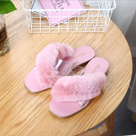 

New European American trend cross band fur slippers 2020 fashion women's slippers, Pink , green,black,khaiki