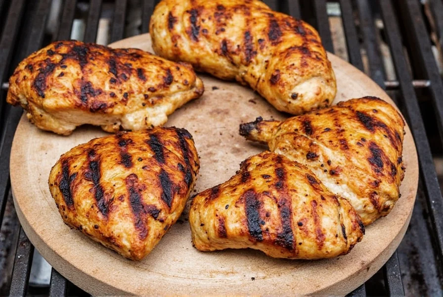 Boneless chicken breasts and various spices arranged on countertop