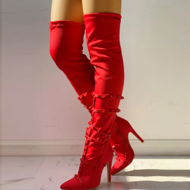 

BUSY GIRL MF2737 Custom fashion woman pants thigh High heels sexy leather zipper over the knee long boots, Black red