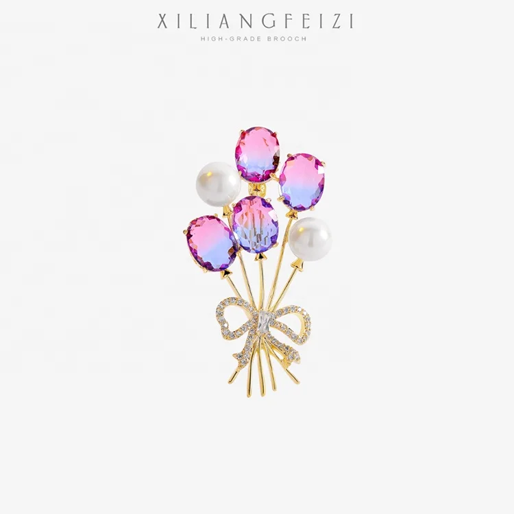 

QIANZUYIN Best-Selling-Products Colorful Zircon Jewelry Freshwater Pearl Bow Balloon Brooch, 18k gold