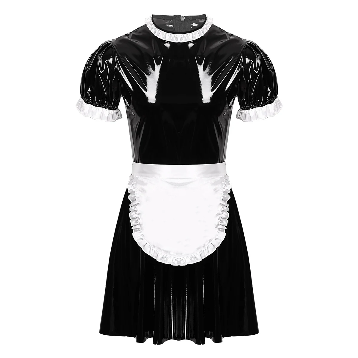 

iEFiEL Mens Sissy Maid Cosplay Costume Set Patent Leather Maid Servant Uniform Flared Dress with Apron Corssdress Gay Club