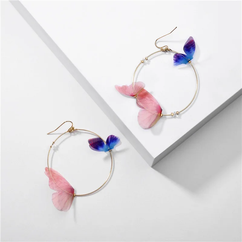 

Exaggerate Gold Plating Large Round Circle Hoop Earrings Insect Colorful Butterfly Hoop Earring For Punk Girls