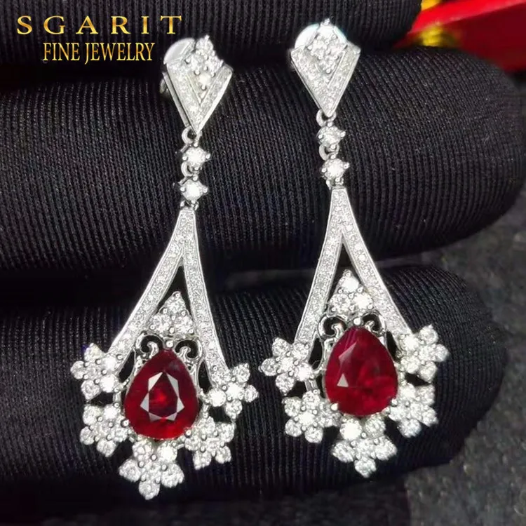 

wholesale bridal wedding gemstone jewelry 18k gold 2.02ct natural unheated pigeon blood red ruby pendant earring