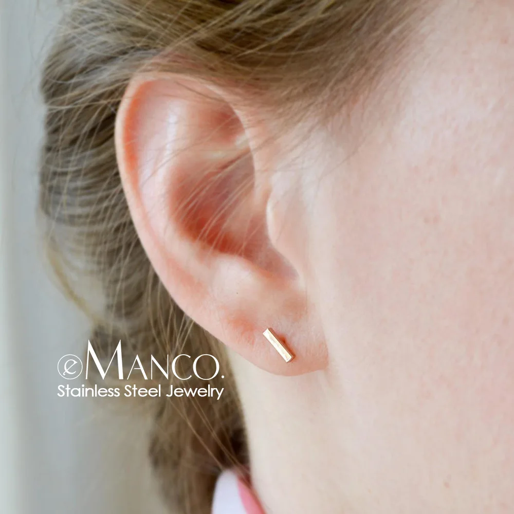 EManco Fashion PVD Gold Plated Stainless Steel Small Bar Stud Earrings 14K Gold Minimalist Geometric Stud Earrings for Women