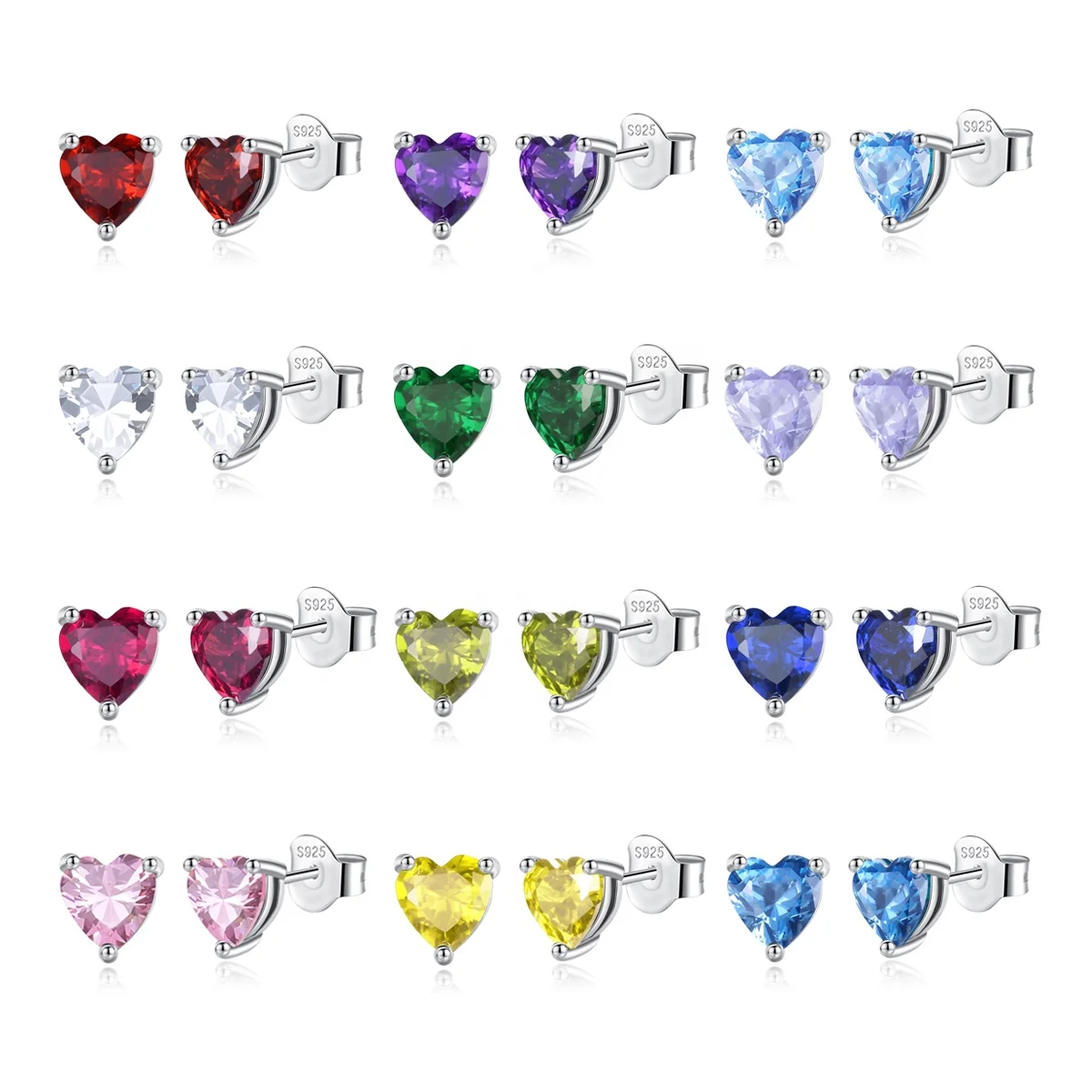 Fashion trendy 925 sterling silver jewelry heart shaped birthstone cubic zirconia diamond stud earrings for women