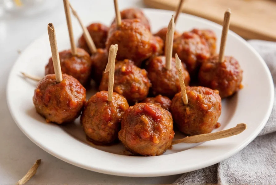 Perfectly glazed meatballs served in white ceramic dish with toothpicks, showing ideal consistency and presentation for party appetizer