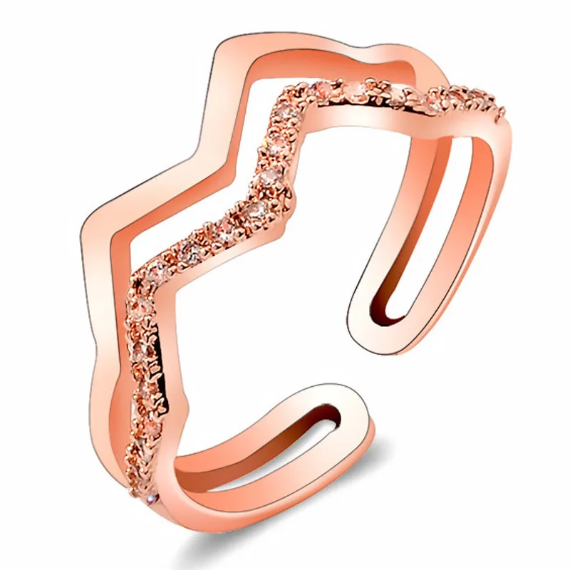 

R-0212 individual double wave ring fashion hipster copper zircon opening ring wholesale rings for women, Rose gold/silver