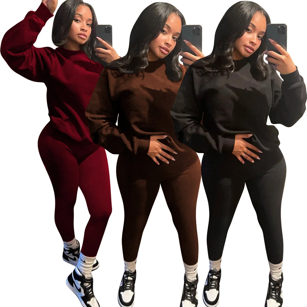 

2022 Wholesale Women Fall Two Piece hoodie and pants set Sexy V-shaped Long-sleeve Solid Casual Loose Two Piece Pants Set, Picture