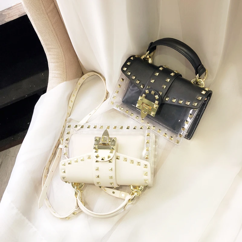 

2021new summer pvc rivet jelly bag transparent chain small square bag women's shoulder diagonal bag