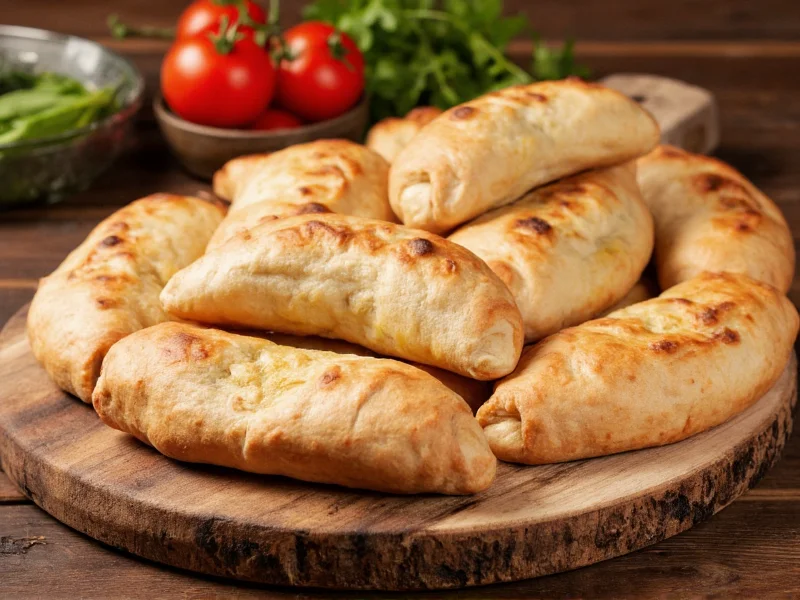 Homemade calzones arranged on rustic wooden board