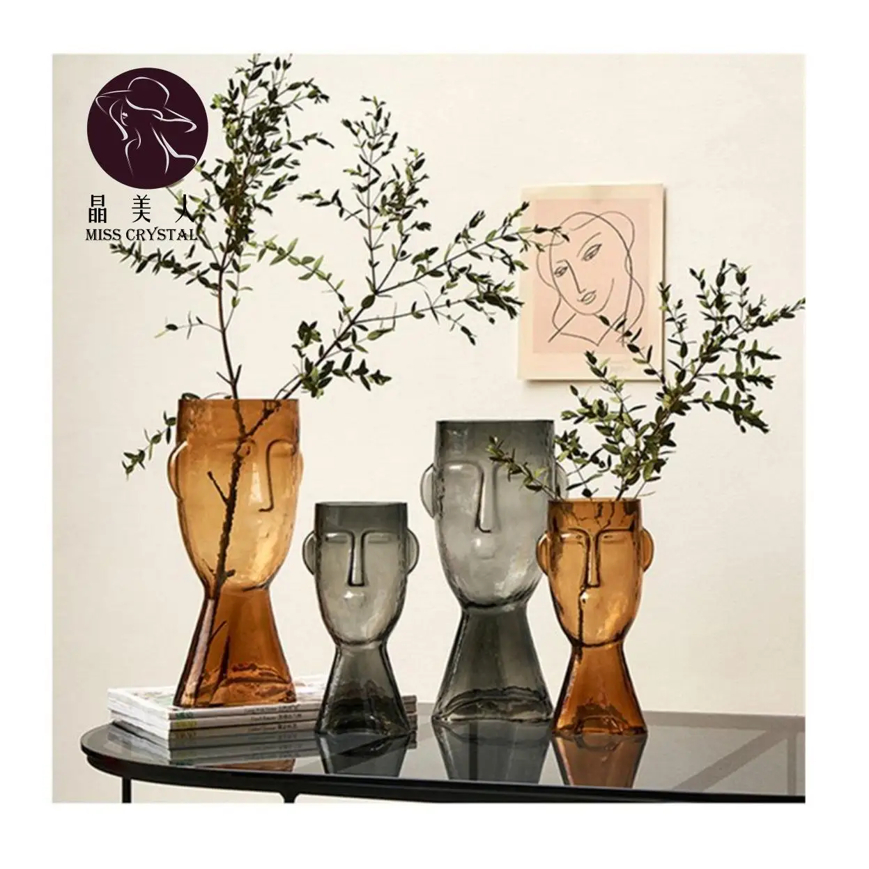 

Nordic Glass Vases For Flowers Home Decoration Accessories Human Head Vase Living Room Decor Terrarium Office Desk Decorative, As detail picture