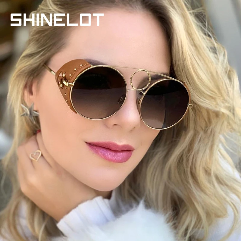 

SHINELOT 95535 New Metal Leather Revit Eyewear Retro Vintage Round Steam Punk Sun Glasses Steampunk Sunglasses