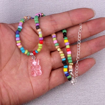 

Ding yi 2021 Fashion color beads bear pendant first act the role ofing is tasted hip-hop club ms collarbone chain ins contracted