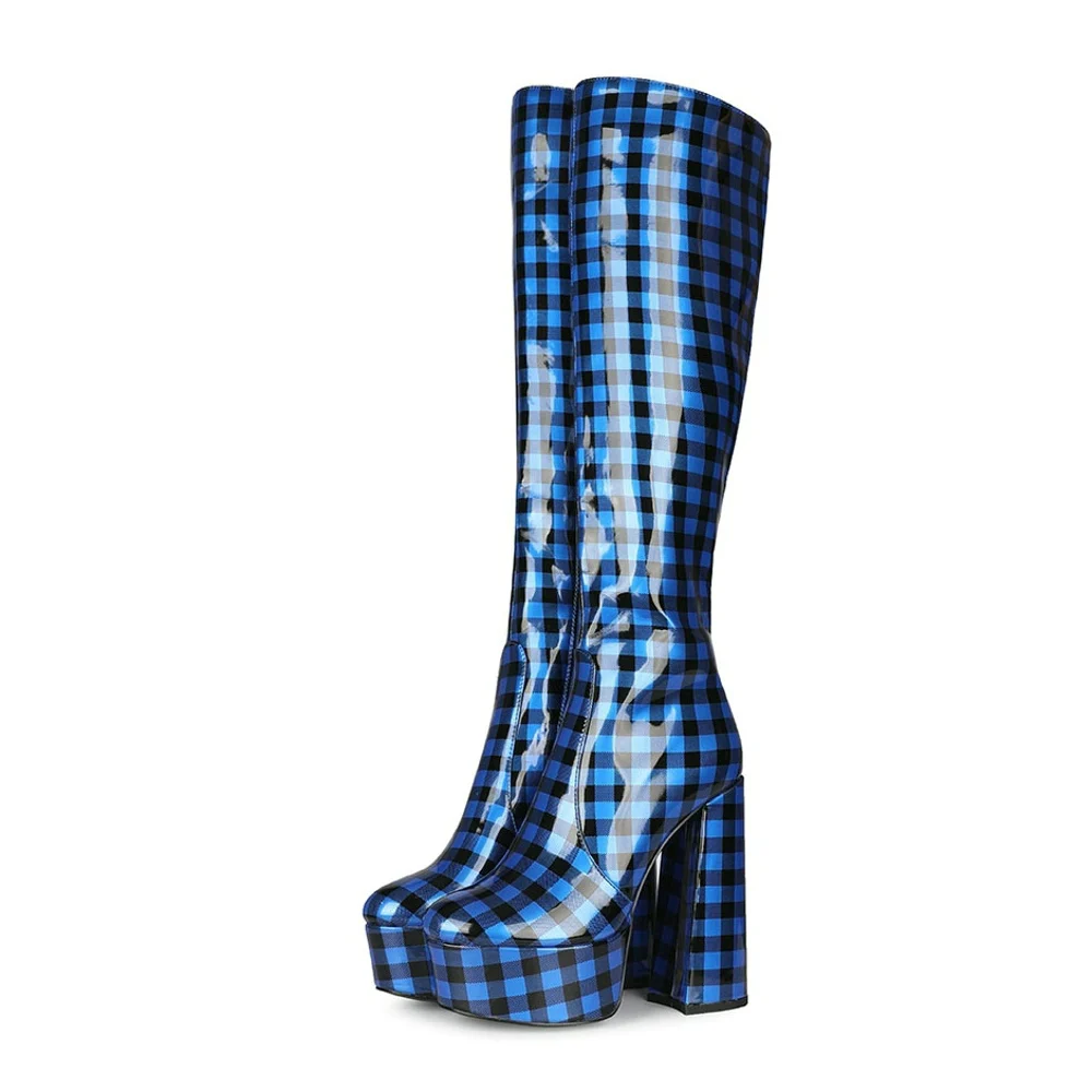 

Chengdu Factory Women Block Heels Blue Checked Boots Girls Platform High Heels Ladies Winter Shoes, Can customized color