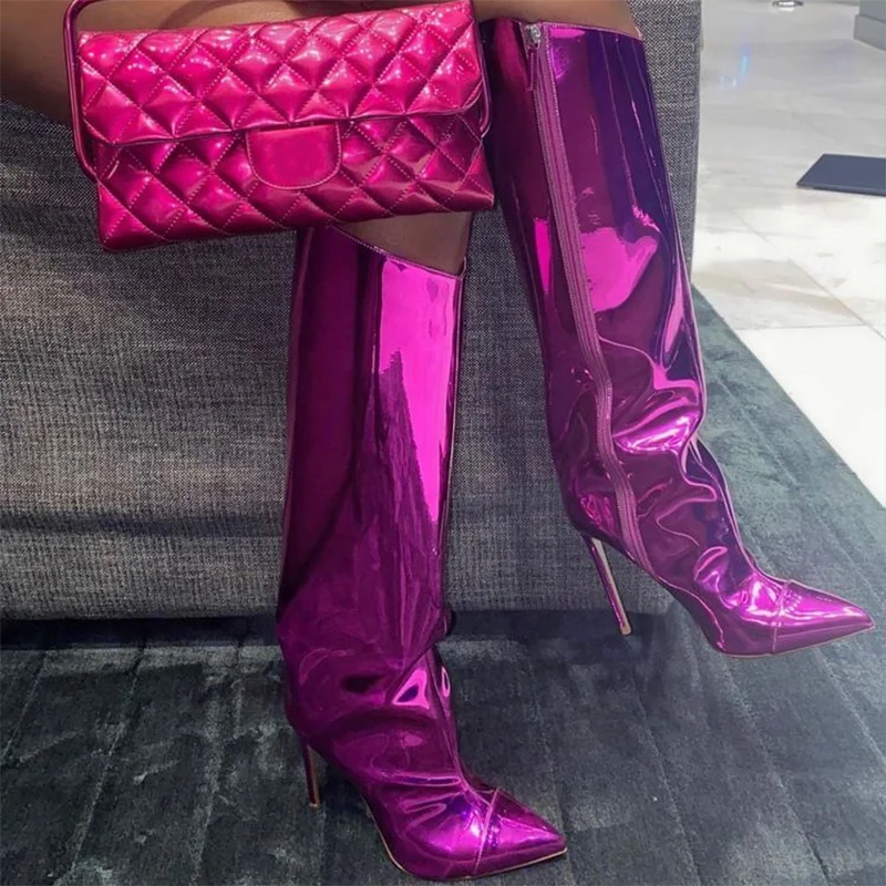 

Wholesale 2021 designer Winter shoes Sexy Metallic Zipper Pointed Toe womens bootie heels women over the knee boots thigh high