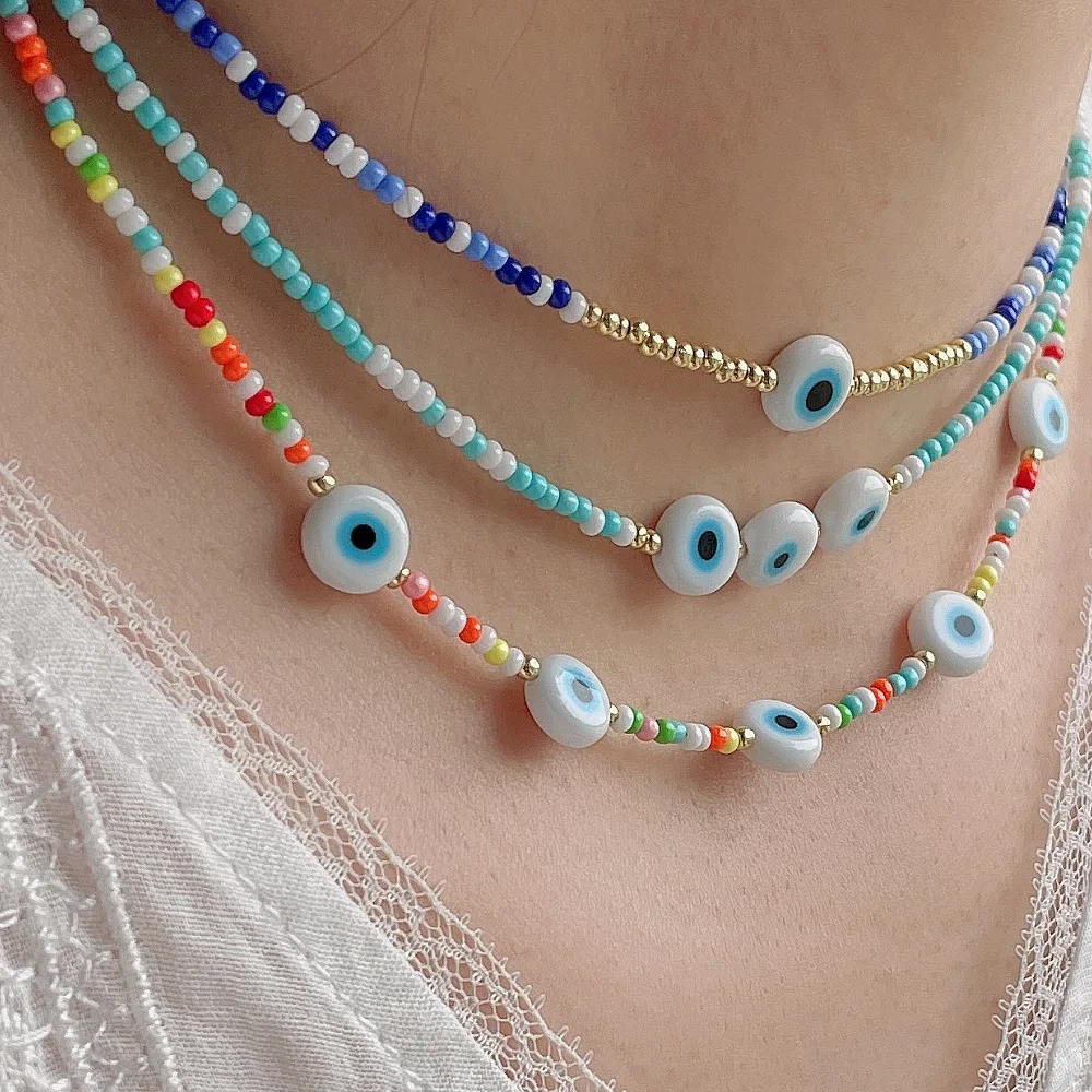 

2022 Wholesale Glass Blue Turkish Eye Beaded Necklace Colorful Rice Seed Beads Evil Eyes Choker Necklace Bohemian Jewelry