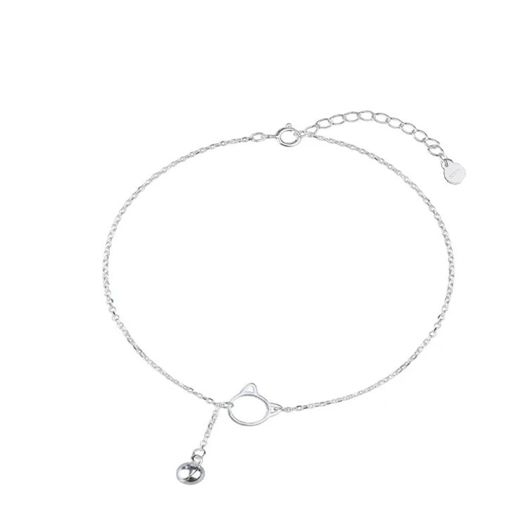 

925 Sterling Silver Bell Cute Cat Chain Anklet Summer Foot Jewelry Silver Anklets Sterling Silver Women, Platinum plated