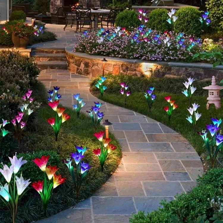 Amazon Hot Solar Waterproof 4 LED Lily Flower Garden Stake Lights Solar Landscape Garden Led Light Outdoor