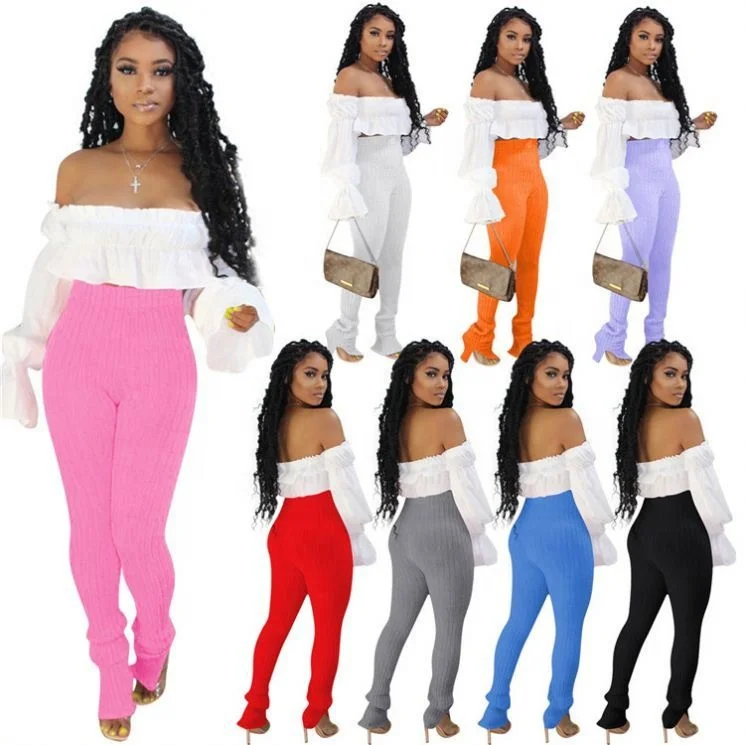 

Popular Casual High Waist Elastic Knitted Slit Women Female Bottoms Ladies Trousers Pants