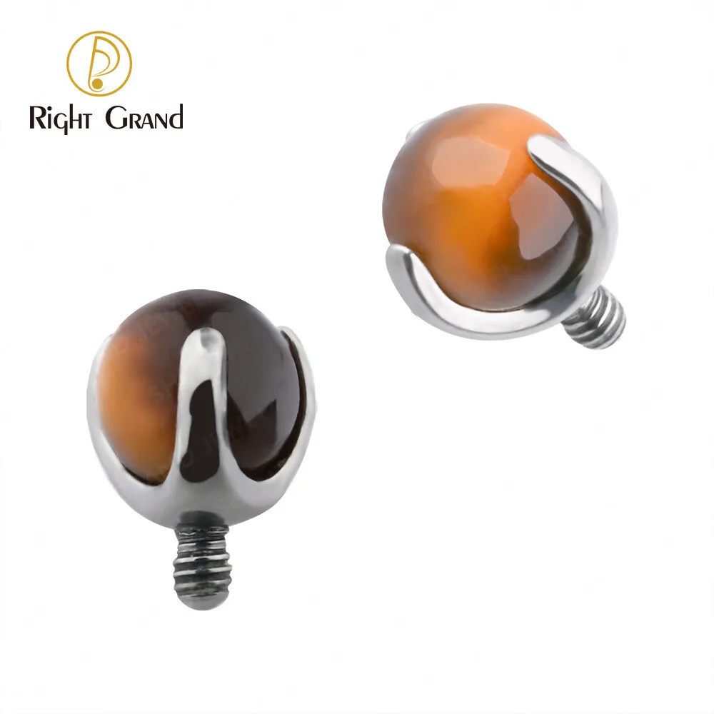 

Right Grand ASTM F136 Titanium Internal Thread Prong Set Tiger Eye Ball Top