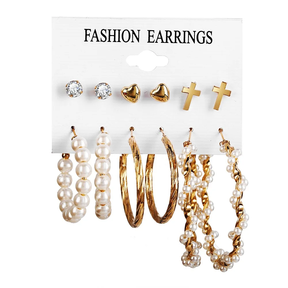 

2020 high quality fashion leopard Cross earrings mixed design drop dangle rattan hoop pearl earrings set Jewelry wholesale