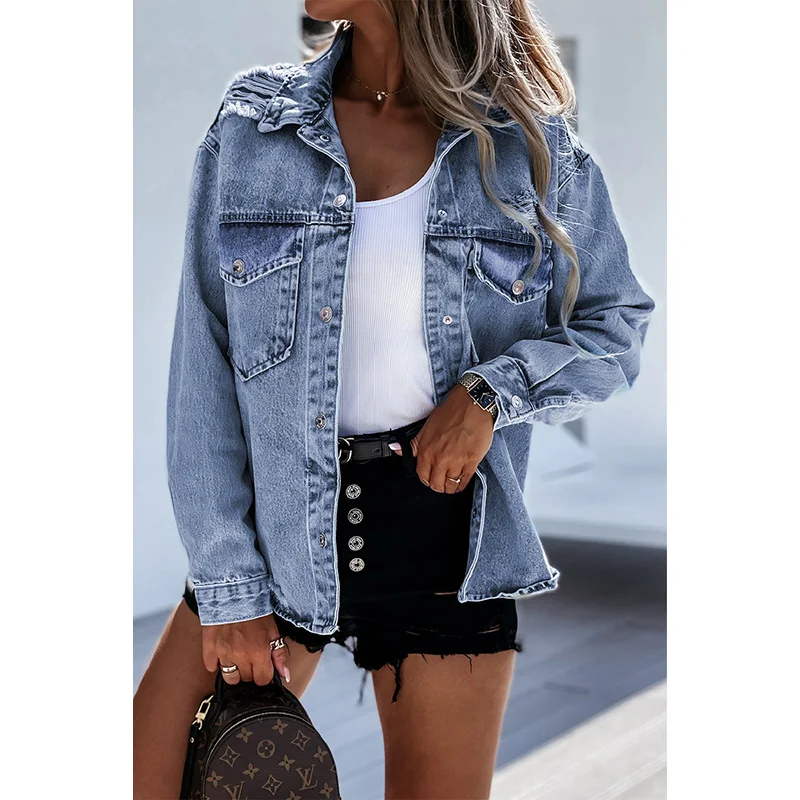 

Wholesale High Fashion Sky Blue Lapel Buttons Washed Ripped Women Denim Jacket For Lady, Customized coat women