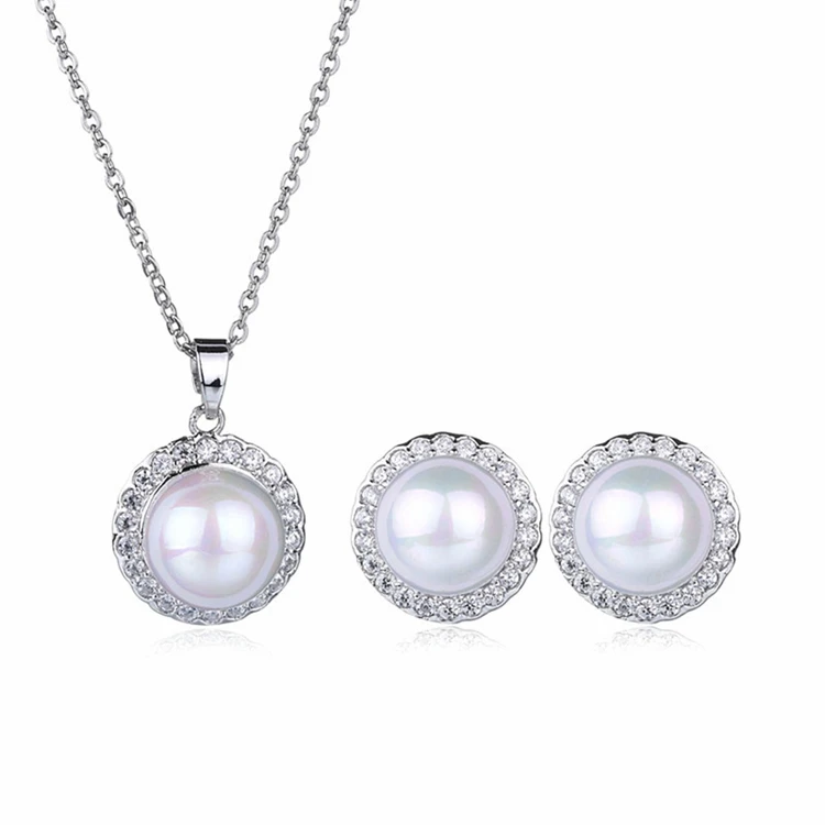 

Value recommendation white gold filled concentric circle pendant pearl necklace earring pendant set