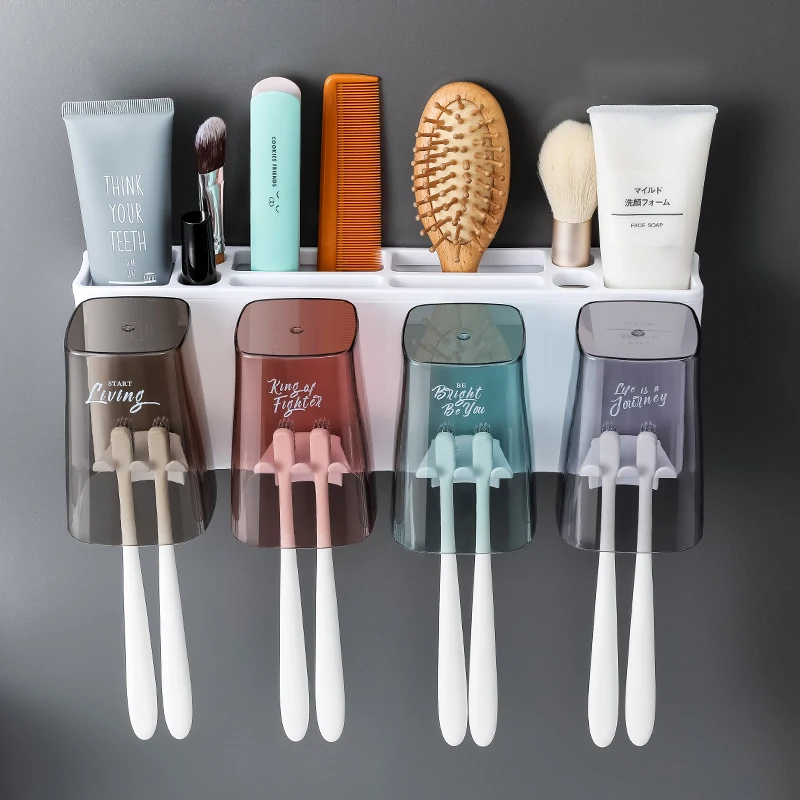 

2021 ECO Friendly Bathroom Multifunctional Toothbrush Cup Holder Set Wall Mounted Toothpaste Dispenser With Toothbrush Holder, Customized color
