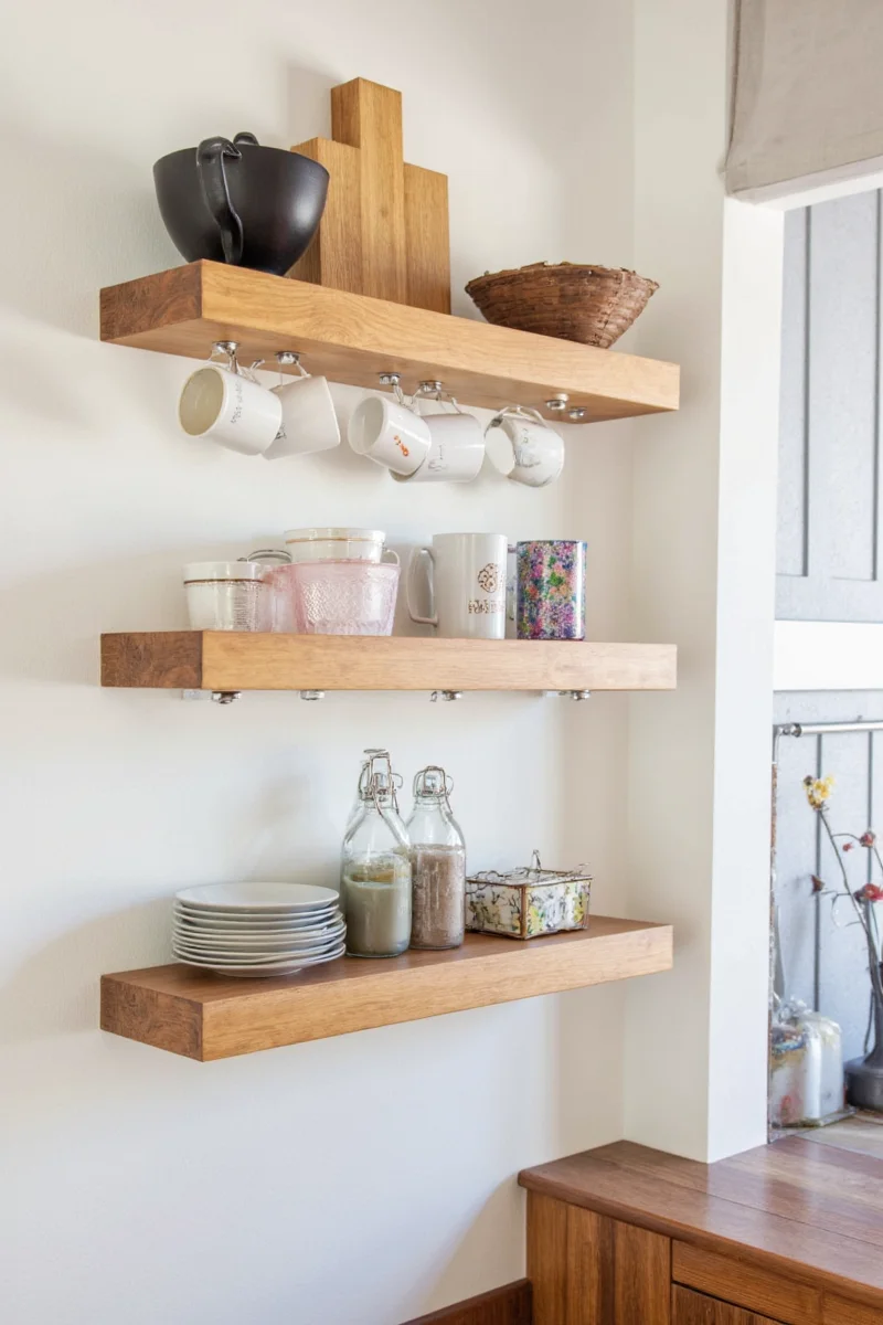 Happy family using mug shelf