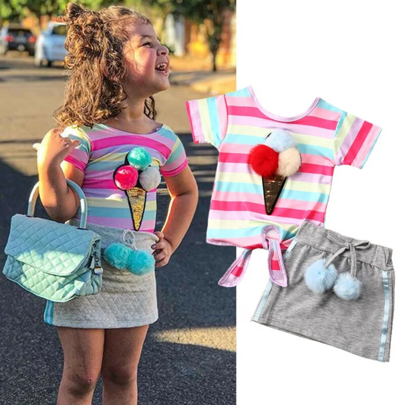 

2PCS Toddler Kids Baby Girl Clothes Rainbow Striped Tops T-shirt Mini Skirt Outfits Sets Baby Summer Clothing 1-5Y, As picture