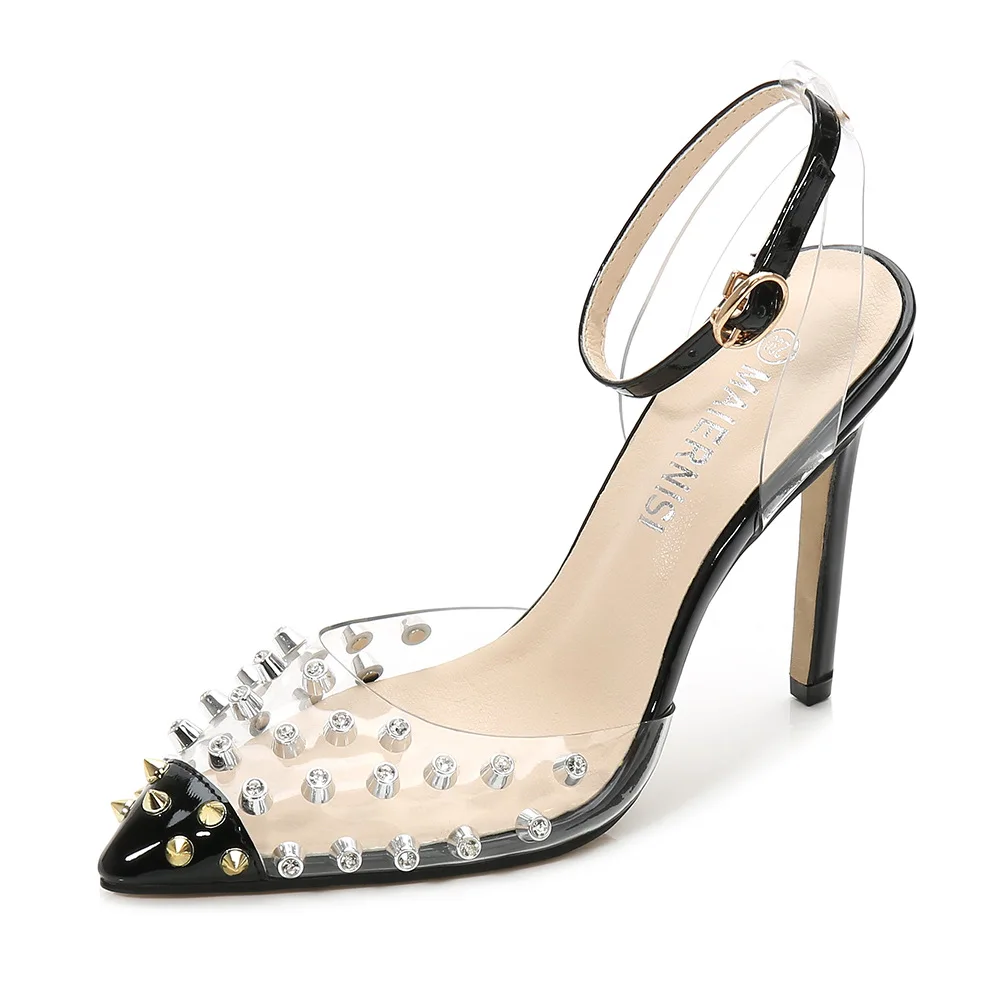 

sh11897a Large size 12 women shoes heel rivet women high heel sandals party wear heels for ladies transparent