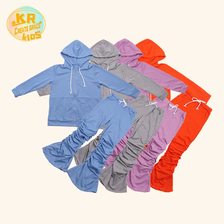 

300GSM Sweatsuit Stacked Pants Fleece Hoodies Tops Tracksuit Kids Clothing Jogger Sets Winter Girls Stacked Pants Set