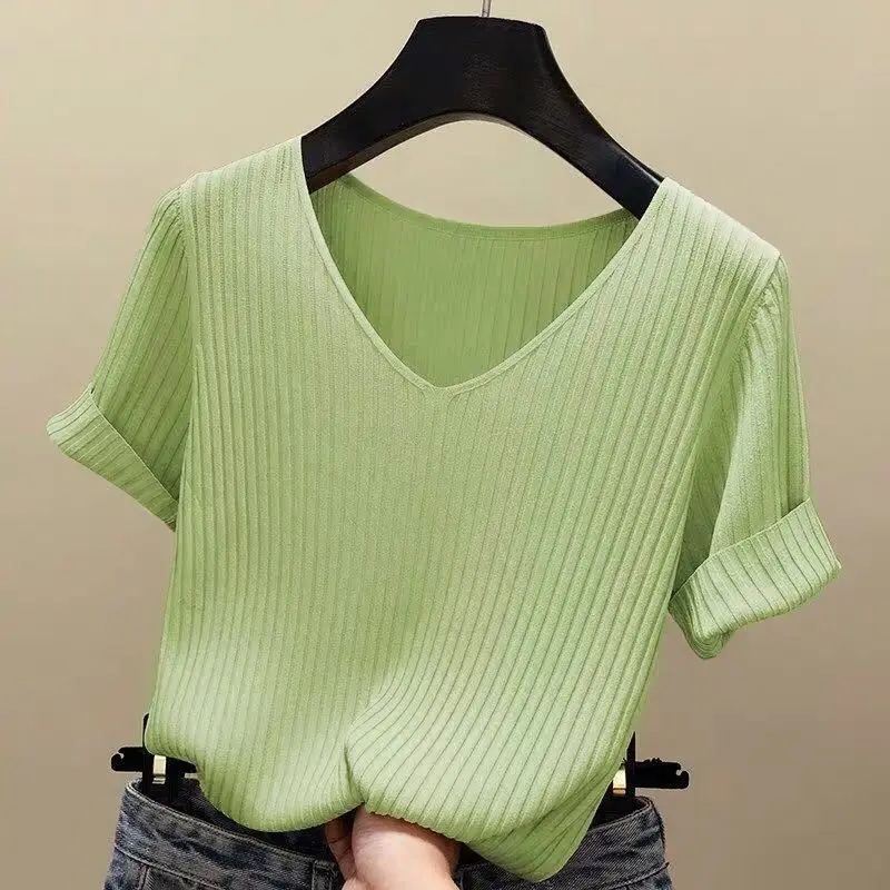 

Short Sleeve T-shirts Women V-neck Knitting Loose Summer Ice-silk Solid Korean Style Womens Tops Casual Slender 8-color Chic New