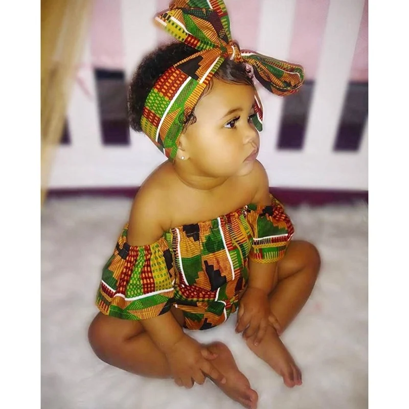 

Baby Kids Girls Clothing African Ankara Traditional Dashiki Printed Rompers Jumpsuit And Hair Band 2Pcs Sets
