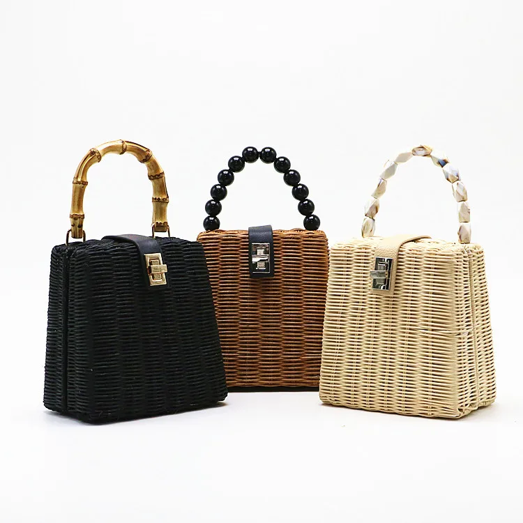 

Wholesale Summer Hot Sale Natural Rattan Small Box Messenger Bag Beads Handle Crossbody Bags Ladies Fashion Handbag, Brown, black, beige