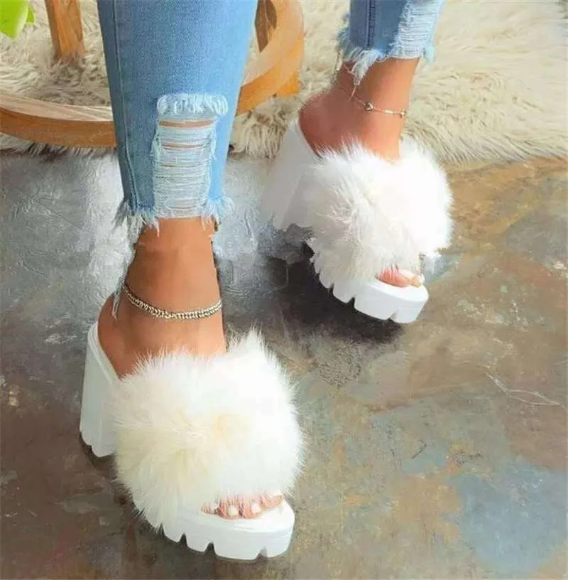 

BY01 Hot selling women's slippers in Europe and America Summer Fashion thick bottom high heel cheap women's fur slippers sanda, White, rose red,pink