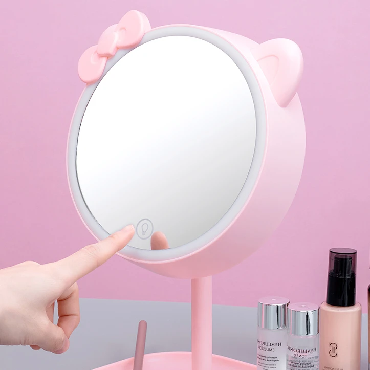 

Pink Cat Makeup Mirror With Led light Standing Touch Screen Vanity Mirror Adjustable Light for Desk Cosmetic