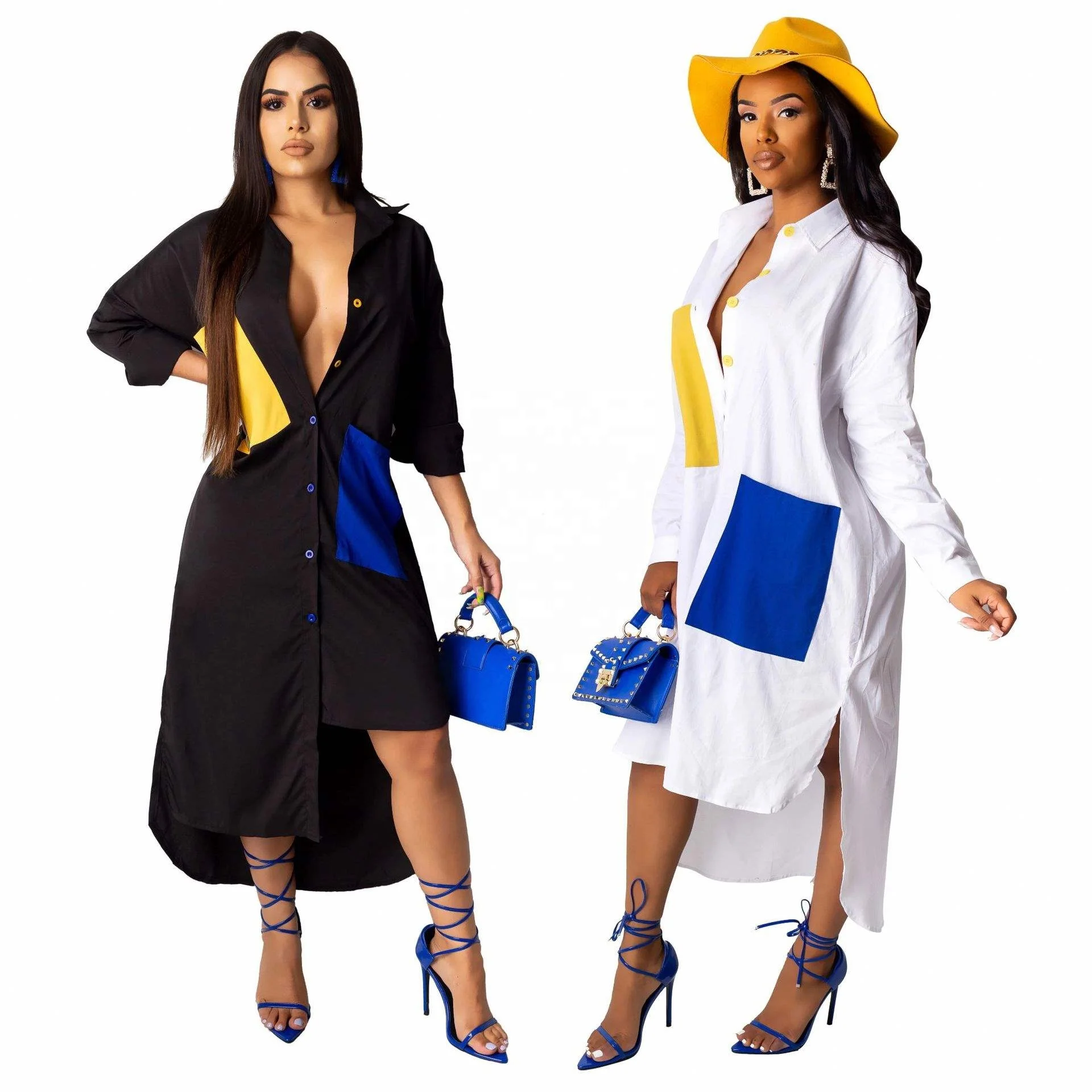 

SMR9415 2021 new arrival spring summer ladies dress long sleeves fashion casual loose solid color shirt women clothing dress, White\black