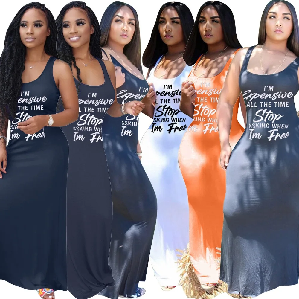 

summer 2021 stretchy sexy sleeveless maxi dress with trendy letter print ladies elegant plus size casual dress, 3 colors as picture