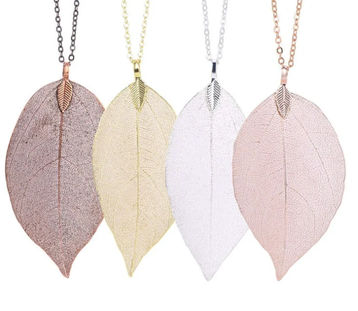 

Natural true leaf long necklace sweater chain necklace, Silver color