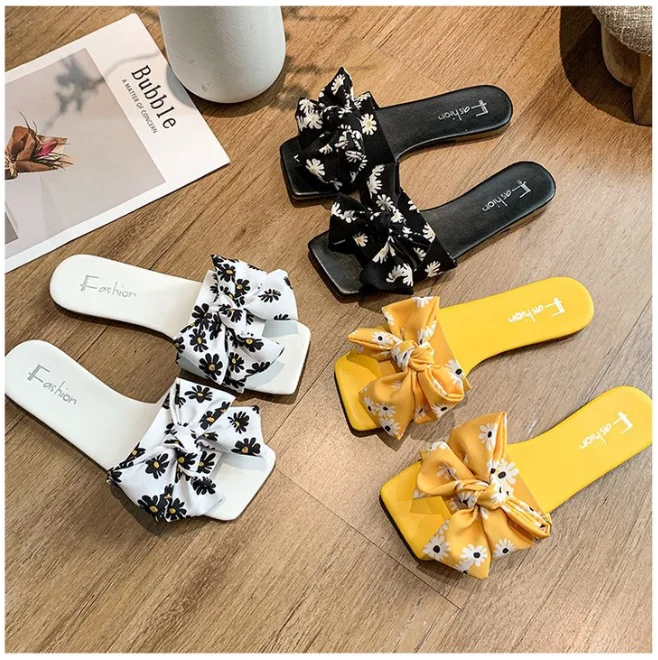 

wholesale new style summer female flat casual slippers with bows cute beach sandals shoes for girl, Picture color