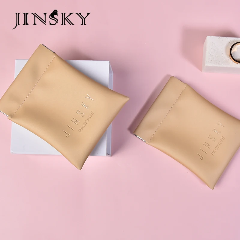 

JINSKY Luxury Pu Leather Metal Seal Opening Jewelry Storage Bag Wholesale Jewelry Packaging Pouch Accept Customized Logo 100pcs, Khaki
